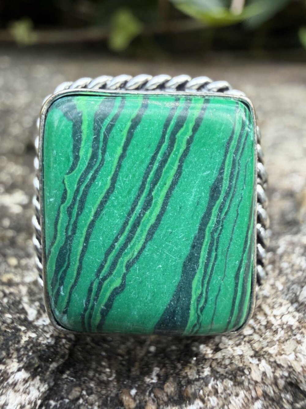Sterling Silver Malachite Stone Twisted Rope Ring 9.5 Southwestern 925 Boho